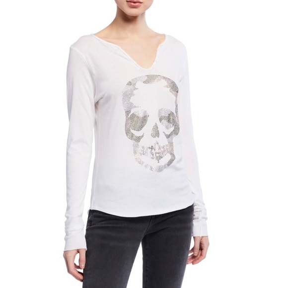 Zadig and Voltaire Tunisien Embellished white skull long sleeve tee - Picture 1 of 6